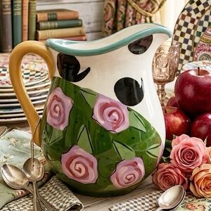 Droll Designs Rose Comma 48 oz. Hand Painted Pitcher VTG Early 90s Rare Pattern